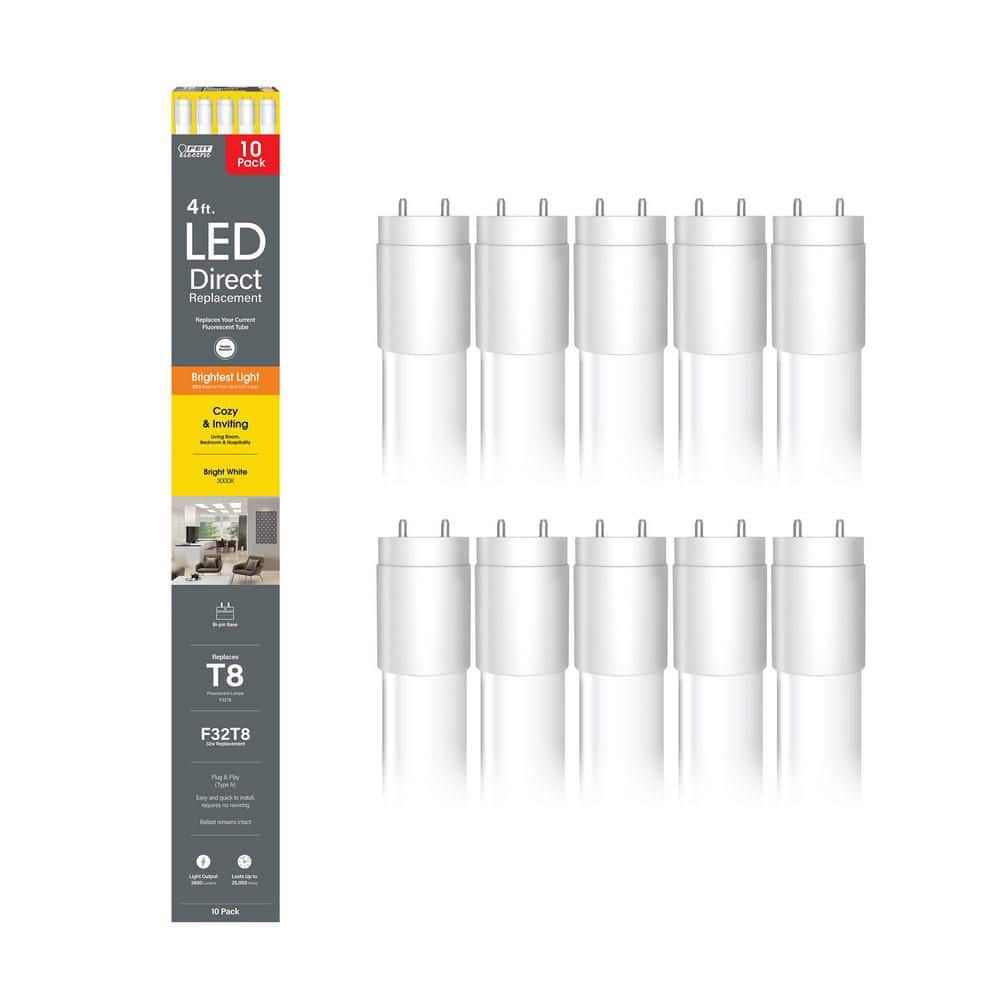 Feit Electric 32-Watt 4 ft. T8 G13 Type A Plug and Play High Output Linear LED Tube Light Bulb, Bright White 3000K (10-Pack)