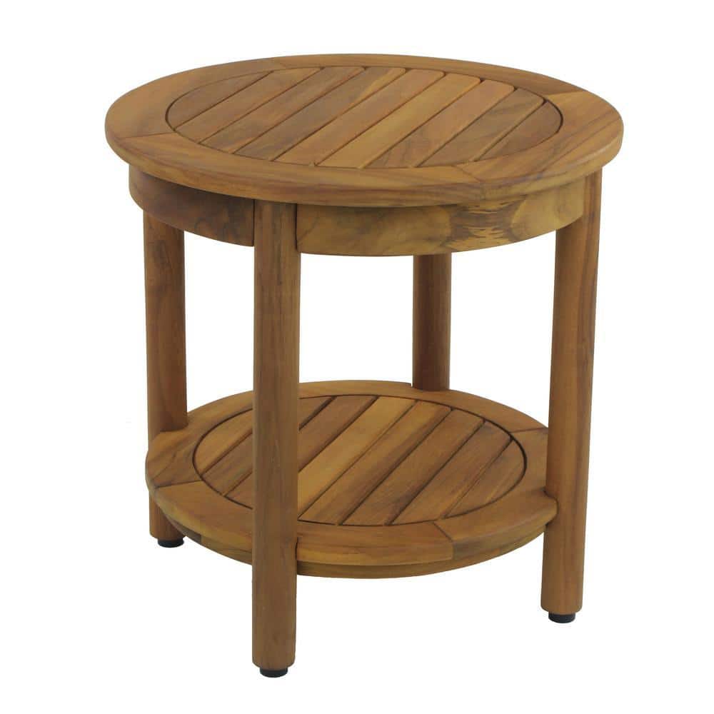 AquaTeak Patented 18 in. x 18 in. Omega Round Freestanding Teak Shower Bench with Shelf Walk in Shower Seat (1)