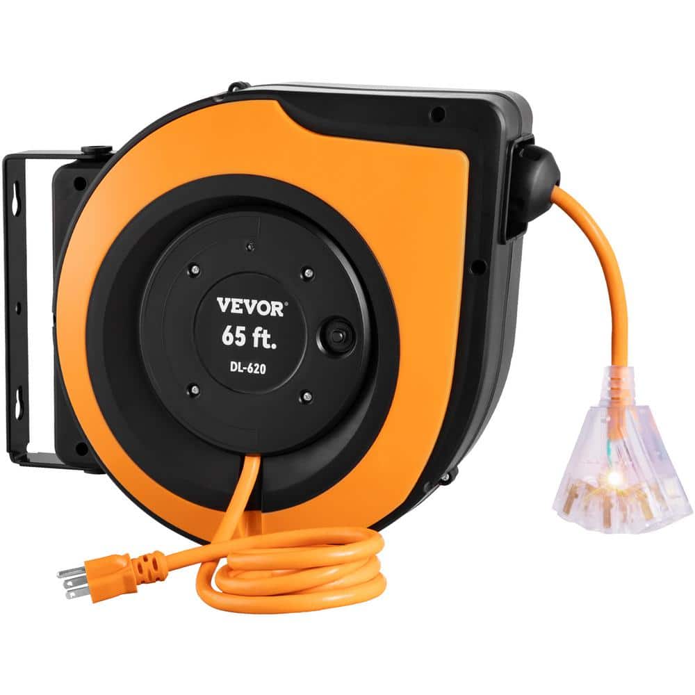 VEVOR Extension Cord Reel 65 ft. 15 Amp Heavy Duty Power Cord 12AWG/3C with Triple Tap Outlet for Ceiling or Wall Mount, Black