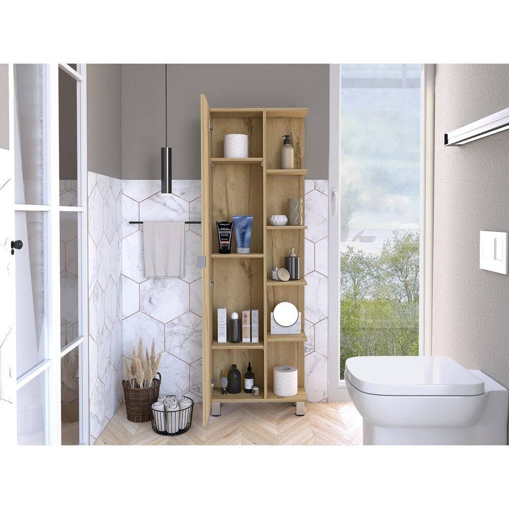 Tahanbath 8.50 in. W x 20.20 in. D x 62.20 in. H Brown Particle Board Freestanding Linen Cabinet with 9-Shelves in Light Oak (2)