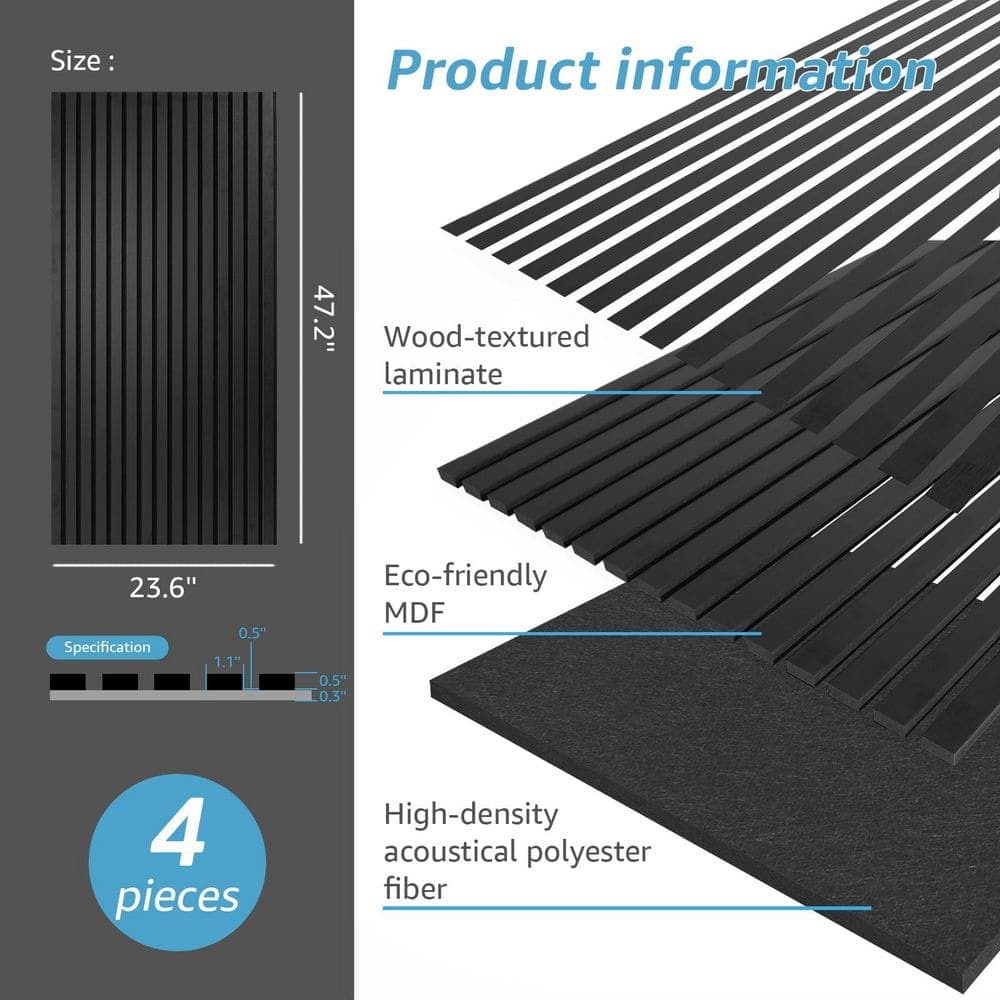 Art3d 4/5 in. x 2 ft. x 4 ft. Black Slat MDF Decorative Acoustic Wall Paneling, Fluted Sound Absorbing Panels (4-Pack) (3)