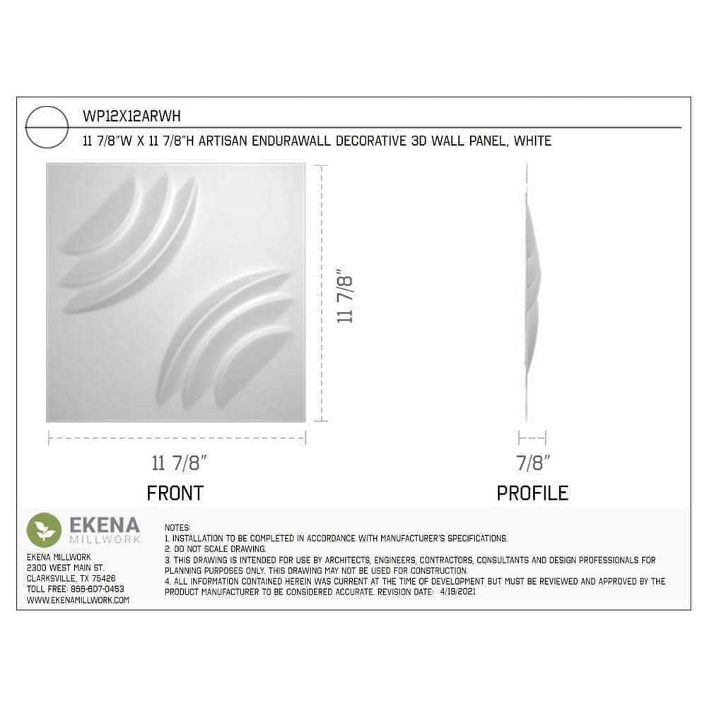 Ekena Millwork 7/8 in. 11-7/8 in. 11-7/8 in. PVC White Artisan EnduraWall Decorative 3D Wall Panel ( sq. ft.) (2)