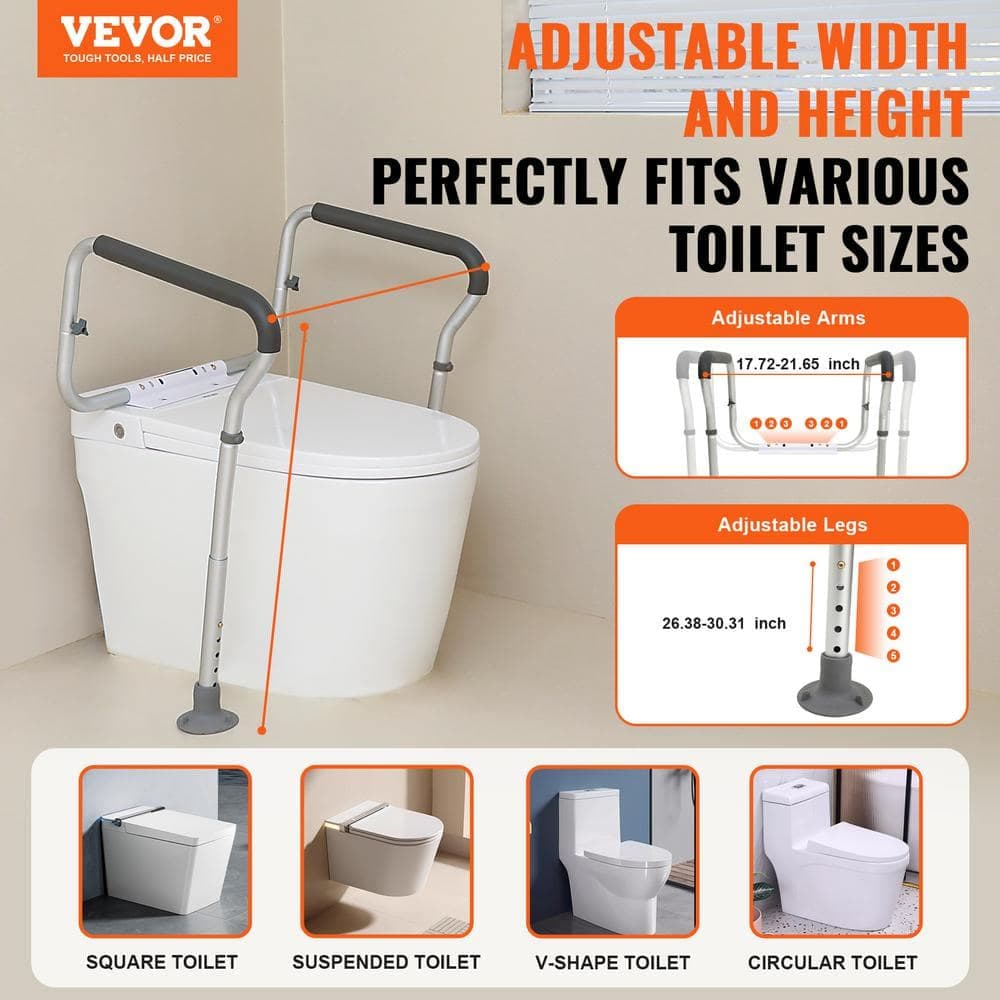 VEVOR Toilet Safety Rail Bathroom Toilet Seat Frame Adjustable Width and Height Fit Most Toilets Supports 300 lbs. Grab Bars (2)