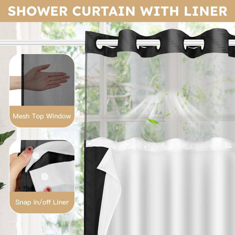 Unbranded 71 in. W x 74 in. L Fabric Shower Curtain with Liner Tufted Chevron Pattern Waterproof Mesh Window Black (3)