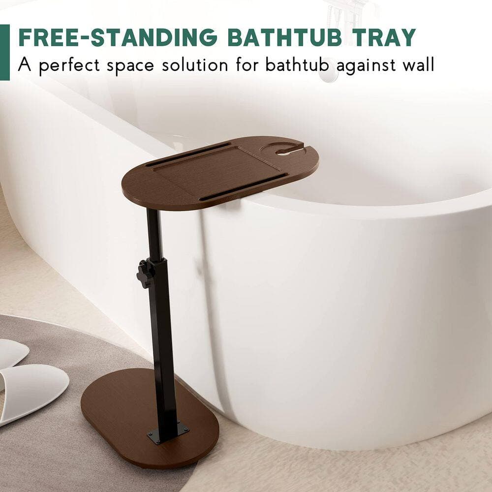 Wudkey Bamboo Bathtub Tray Table with Adjustable Height in Brown, Freestanding Bath Caddy Tray for Tub Against Wall (2)