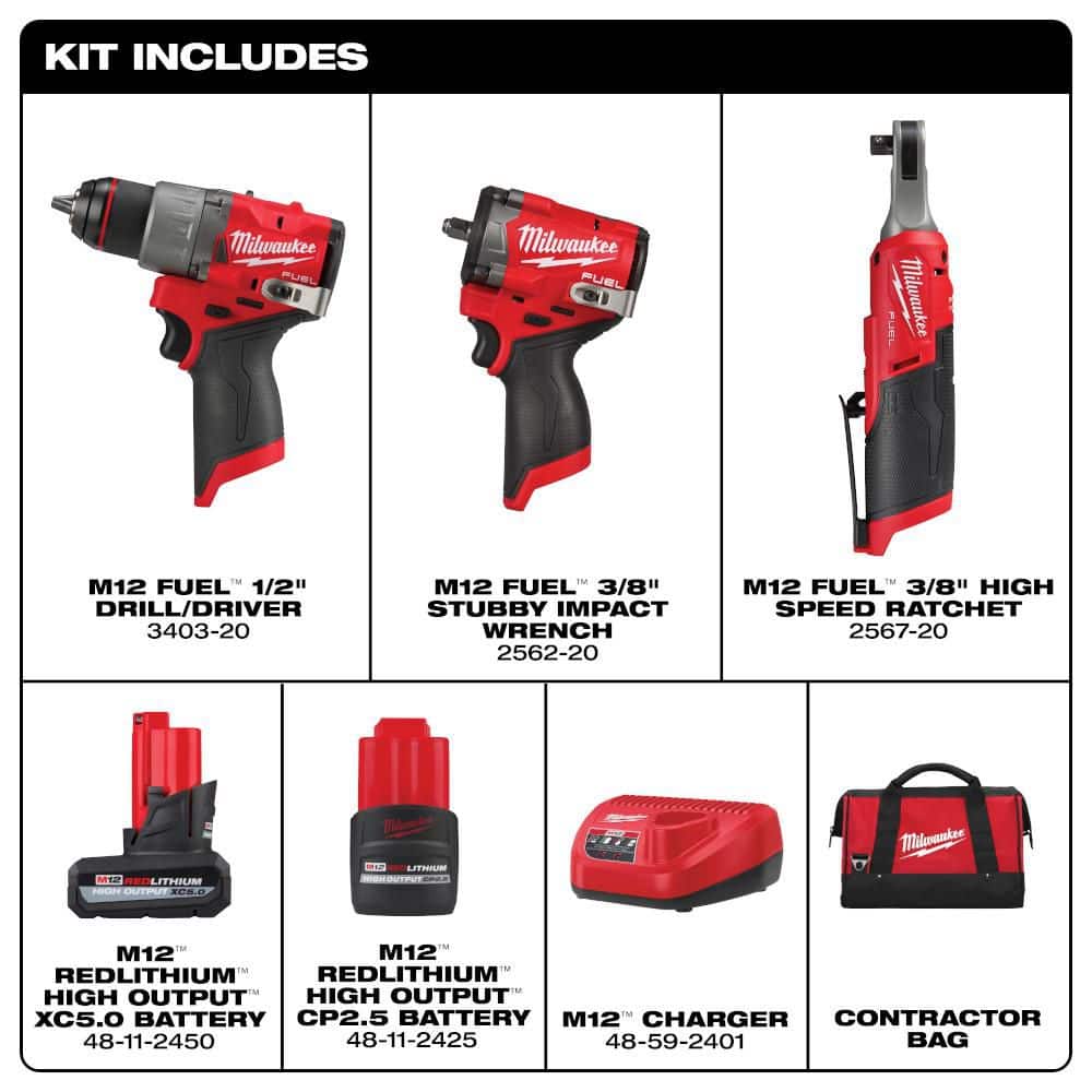 Milwaukee M12 FUEL 12V Lithium-Ion Cordless Drill Driver, Impact Wrench, and Ratchet Combo Kit (3-Tool) w/Batteries, Charger & Bag (3)