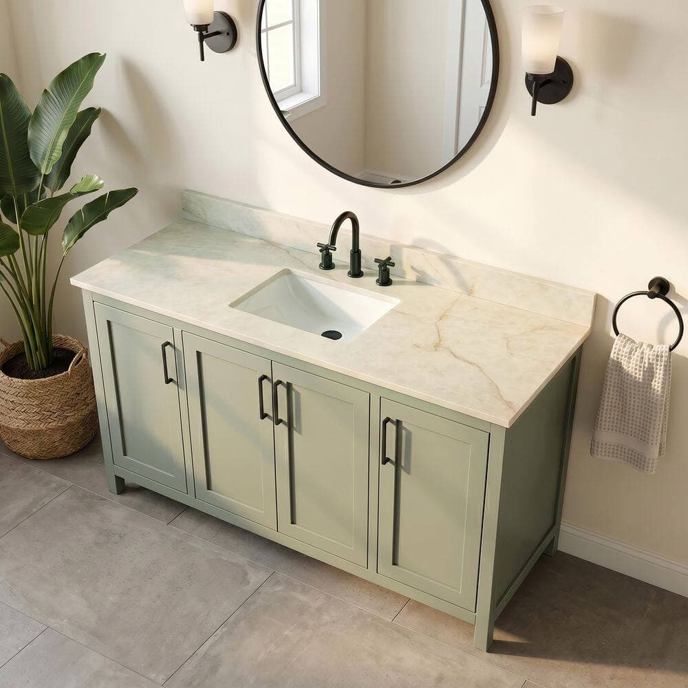 A&A Surfaces Crema Taj 61 in. W x 22 in. Ceramic Quartz Polished White Rectangular Single Sink Undermount Vanity Top in Beige (2)