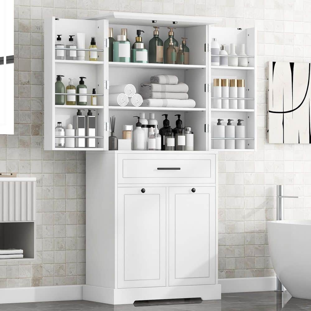 Unbranded 31 in. W x 16 in. D x 73 in. H White MDF Freestanding Bathroom Storage Linen Cabinet with Doors and Drawers (2)