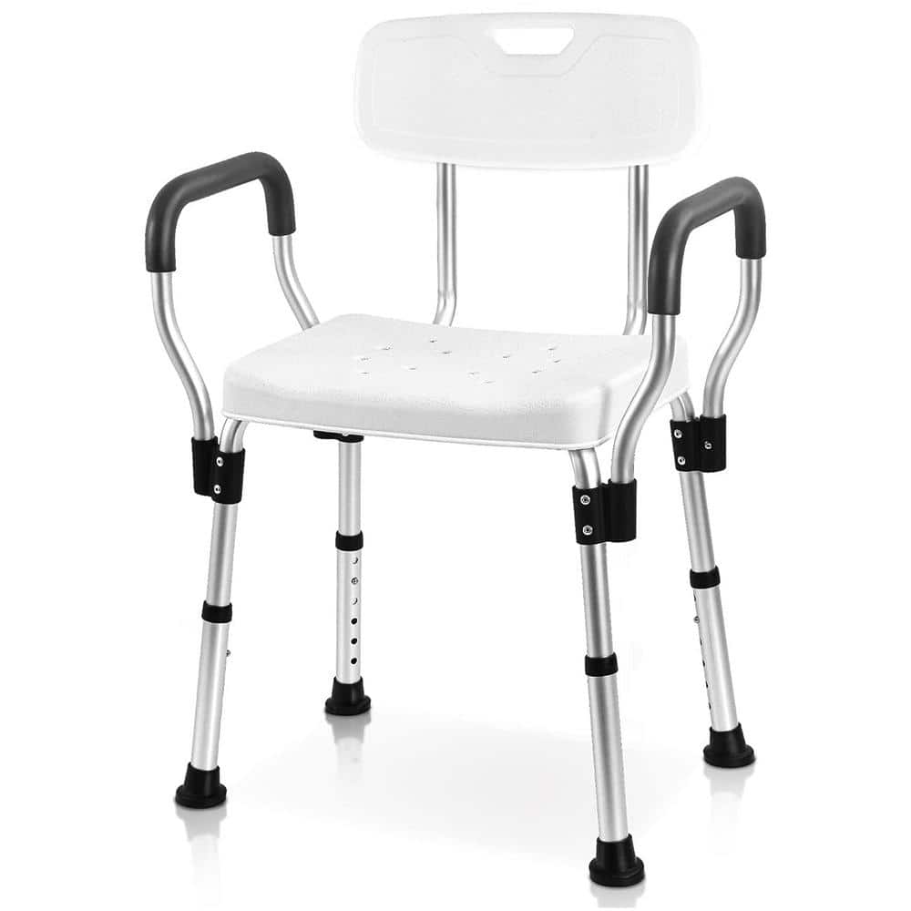 Numhew Aluminum Shower Chair in White with Arms for Handicap, Heavy Duty Shower Seat with Back for Elderly