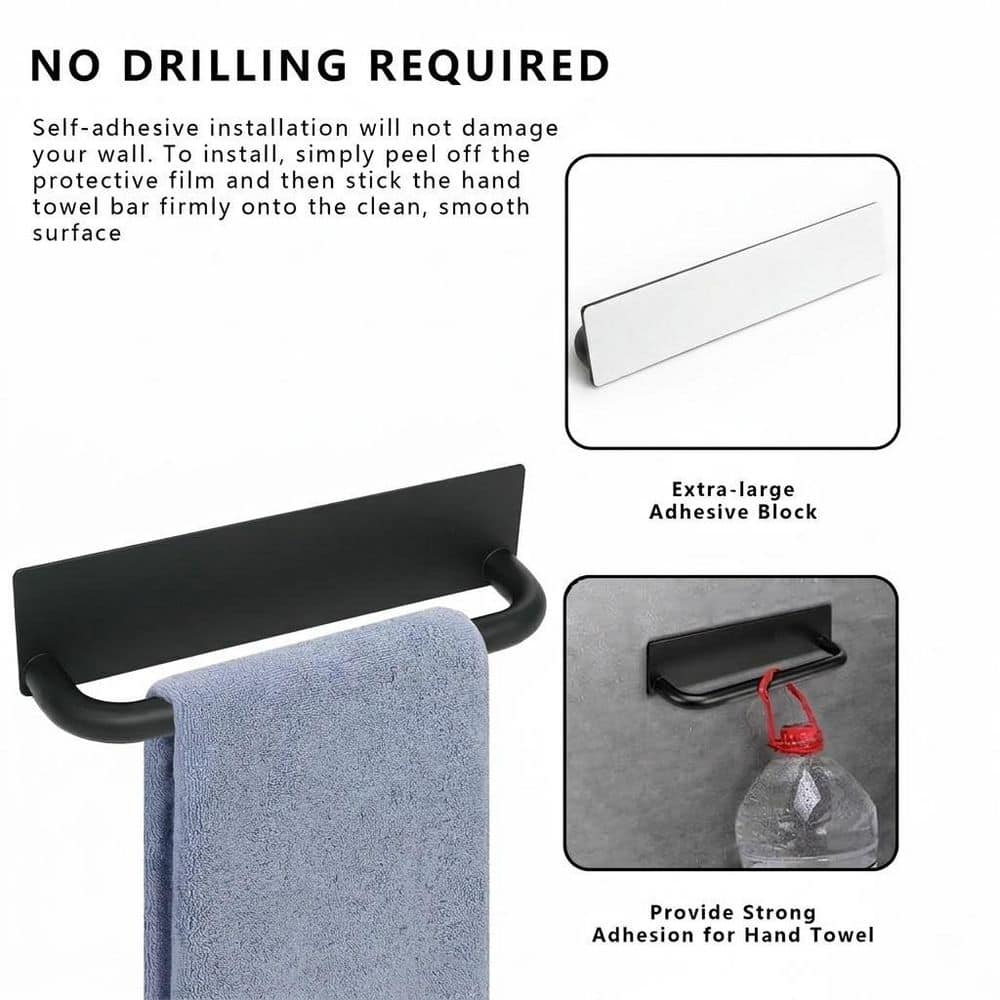 Unbranded 1-Pack Matte Black 304 Stainless Steel 9 in. Self-Adhesive No-Drill Bathroom Hand Towel Bar Holder Rack (3)