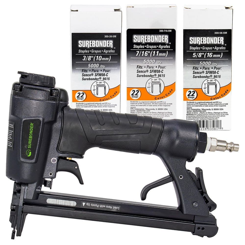 Surebonder Pneumatic Upholstery Stapler with 22-Gauge Upholstery Staples (3/8 in., 7/16 in. and 5/8 in.)