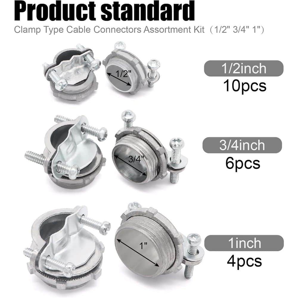Ahfiwaso 1/2 in. 3/4 in. 1 in. Zinc Alloy Clamp Type Cable Connectors Assortment Kit Romex Cable Compatibility Silver (20-Pack) (2)