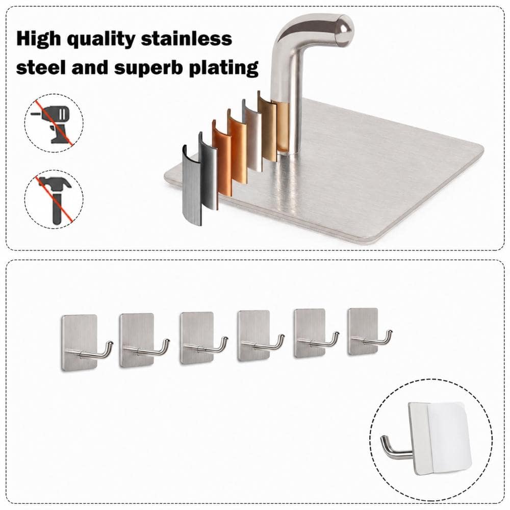 Unbranded Adhesive Towel Hooks, 304 Stainless Steel Wall Hooks for Robes and Clothes, Brushed Nickel, 6-Pack Set (3)