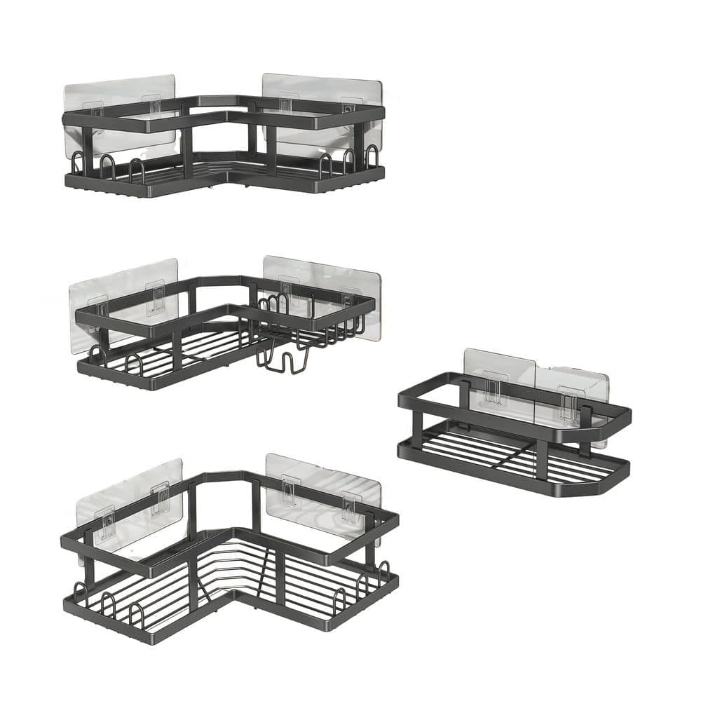 Wudkey 4 Pack Stainless Steel Shower Caddy Corner with Soap Holder, No Drilling Shower Shelves-Rustproof for Dorm in Black (1)