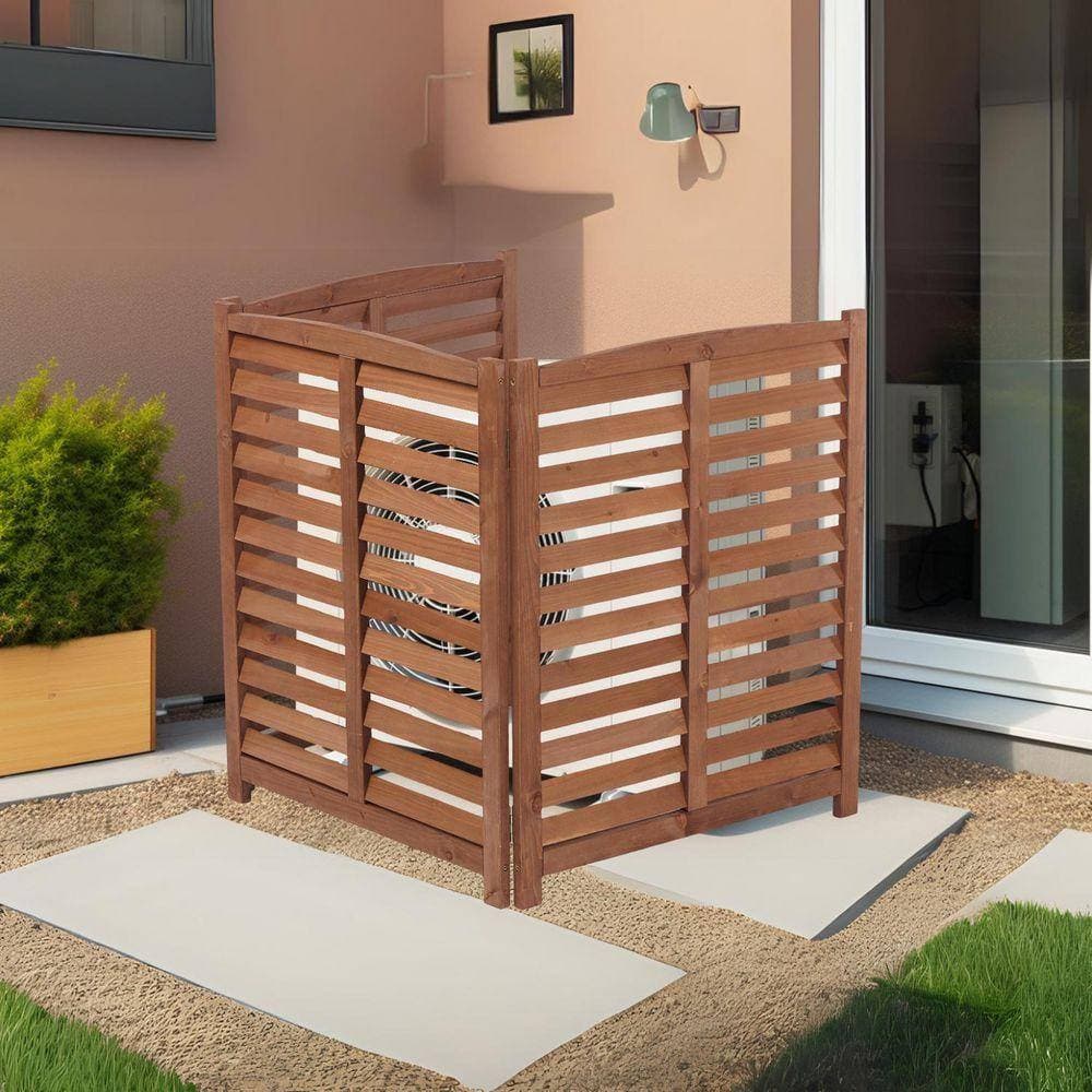 Unbranded 32 in. x 32 in. Brown Wood 3-Panel Privacy Fence Screen Mesh Fabric Outdoor Air Conditioner Fence (2)