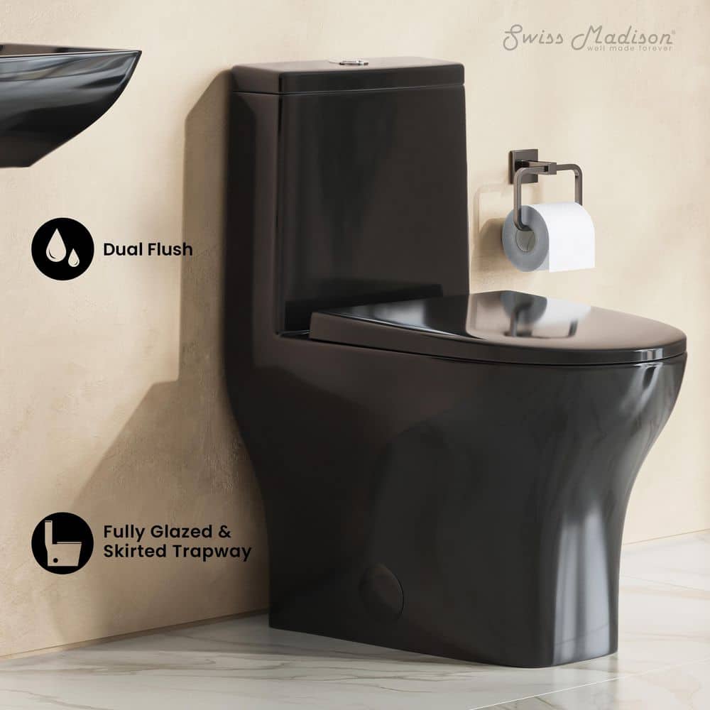 Swiss Madison Sublime II 1-Piece 12 in. Rough-in 1.1/1.6 GPF Dual Top Flush Round Compact Toilet in Glossy Black (2)