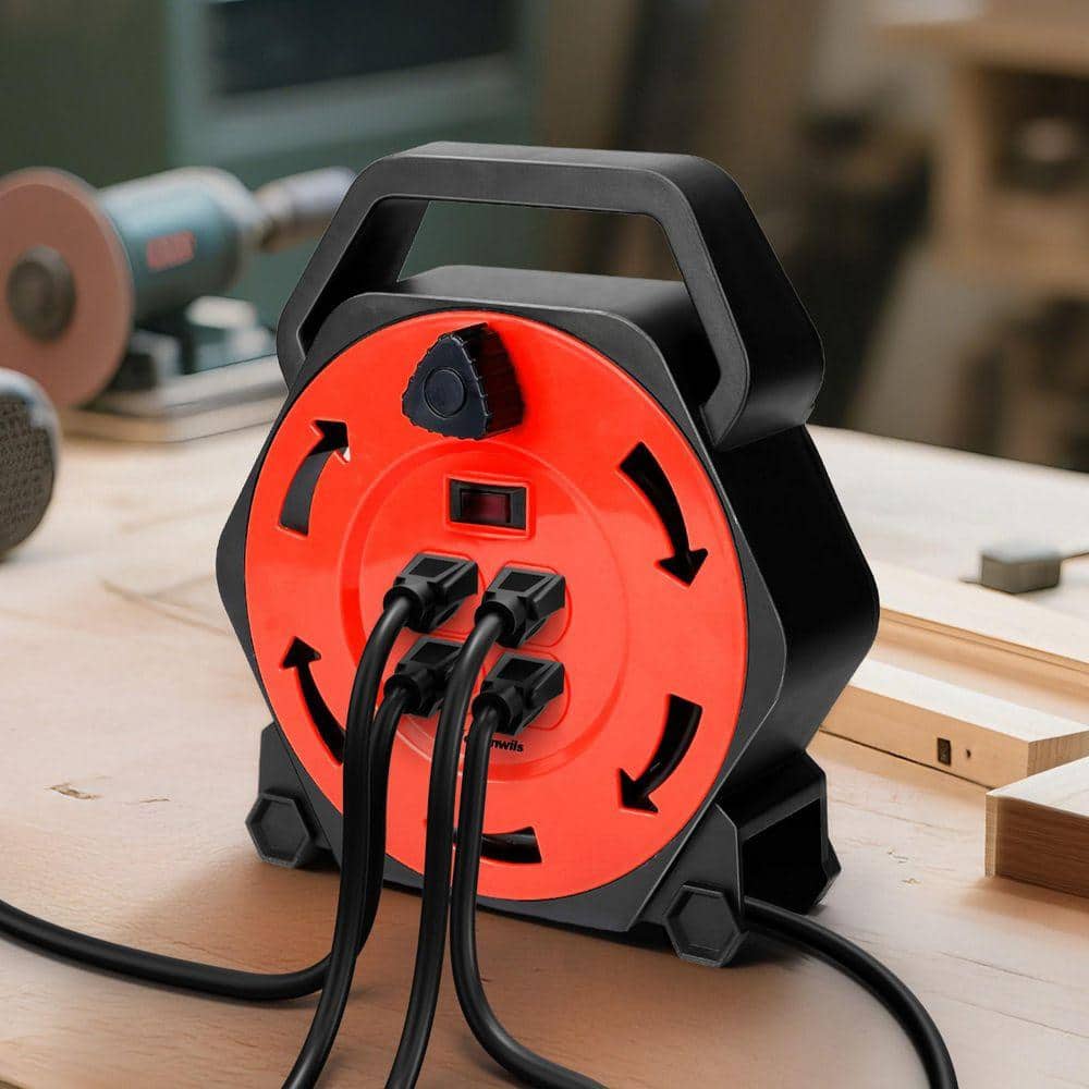 DEWENWILS 25 ft. 16 / 3 AWG SJTW 13 Amp Hand Wind Retractable Extension Cord Reel with 4 Grounded Outlets Black and Red, UL Listed (1)