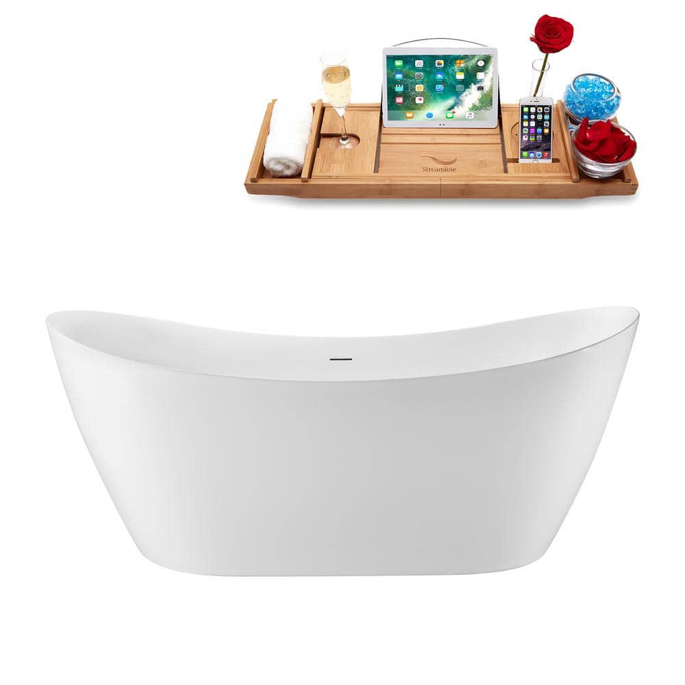 Streamline 68 in. 30 in. Acrylic Freestanding Soaking Bathtub Glossy White with Matte Black Drain, Bamboo Tray (1)