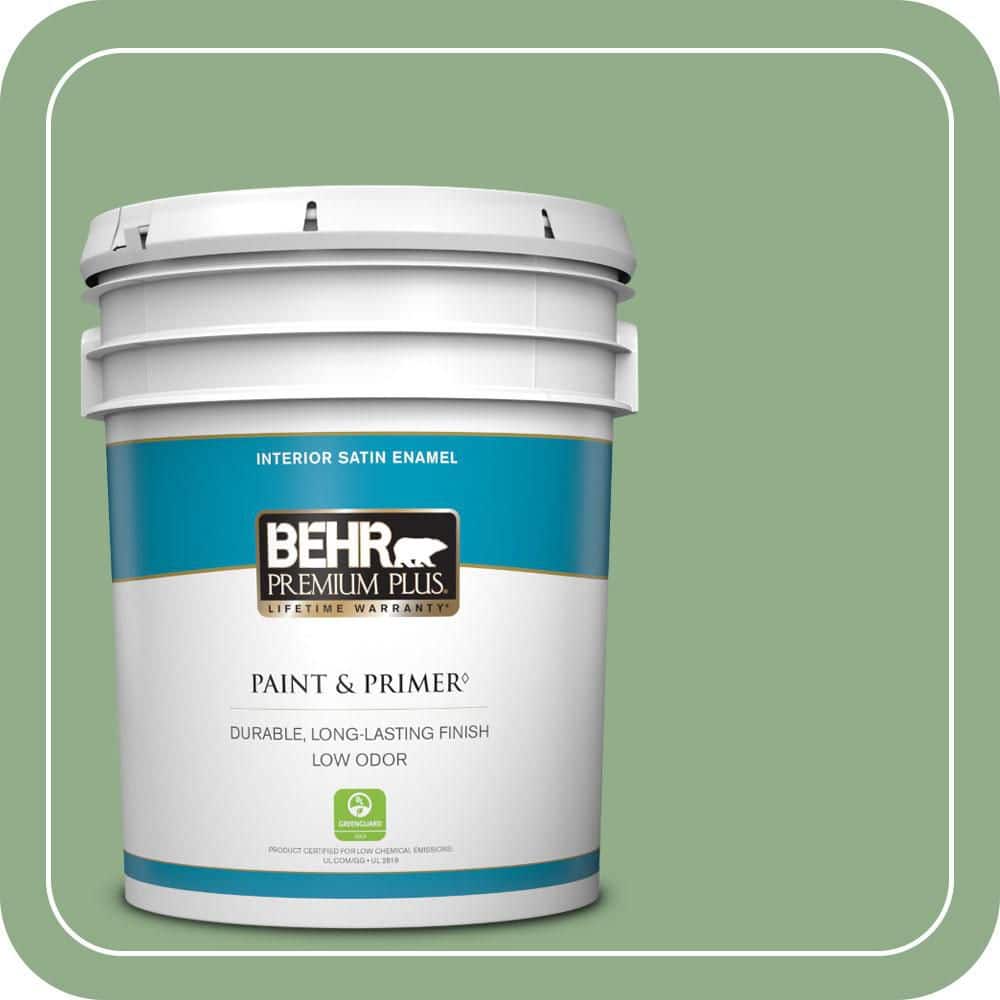 BEHR PREMIUM PLUS 5 gal. #MQ6-46 Flora Green Satin Enamel Low Odor Interior Paint & Primer