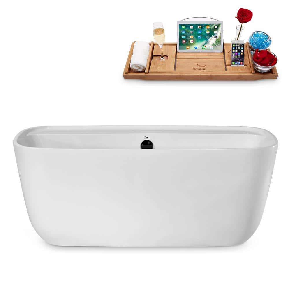 Streamline 59 in. Acrylic Flatbottom Non-Whirlpool Bathtub Glossy White with Matte Black Drain and Overflow Cover (1)