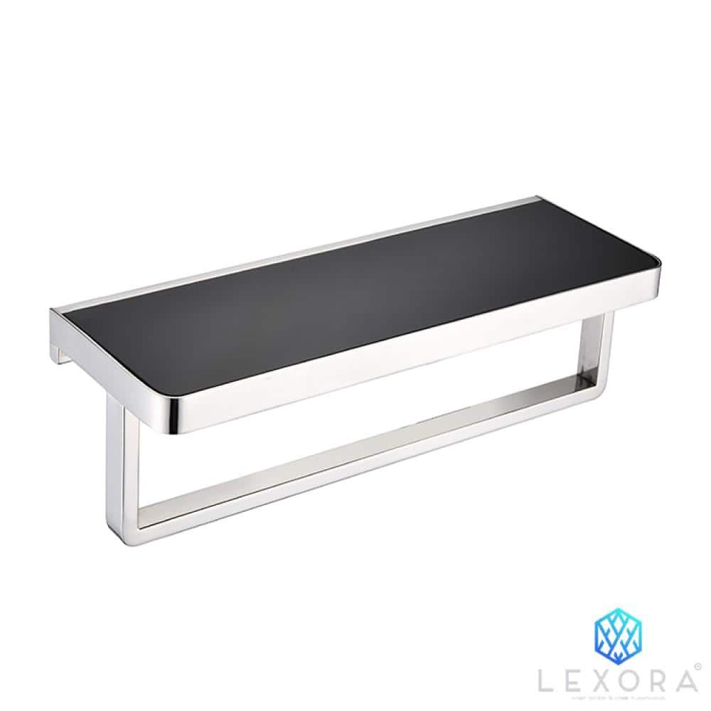 Lexora Bagno Bianca Stainless Steel Black Glass Shelf with Towel Bar in Gun Metal (1)
