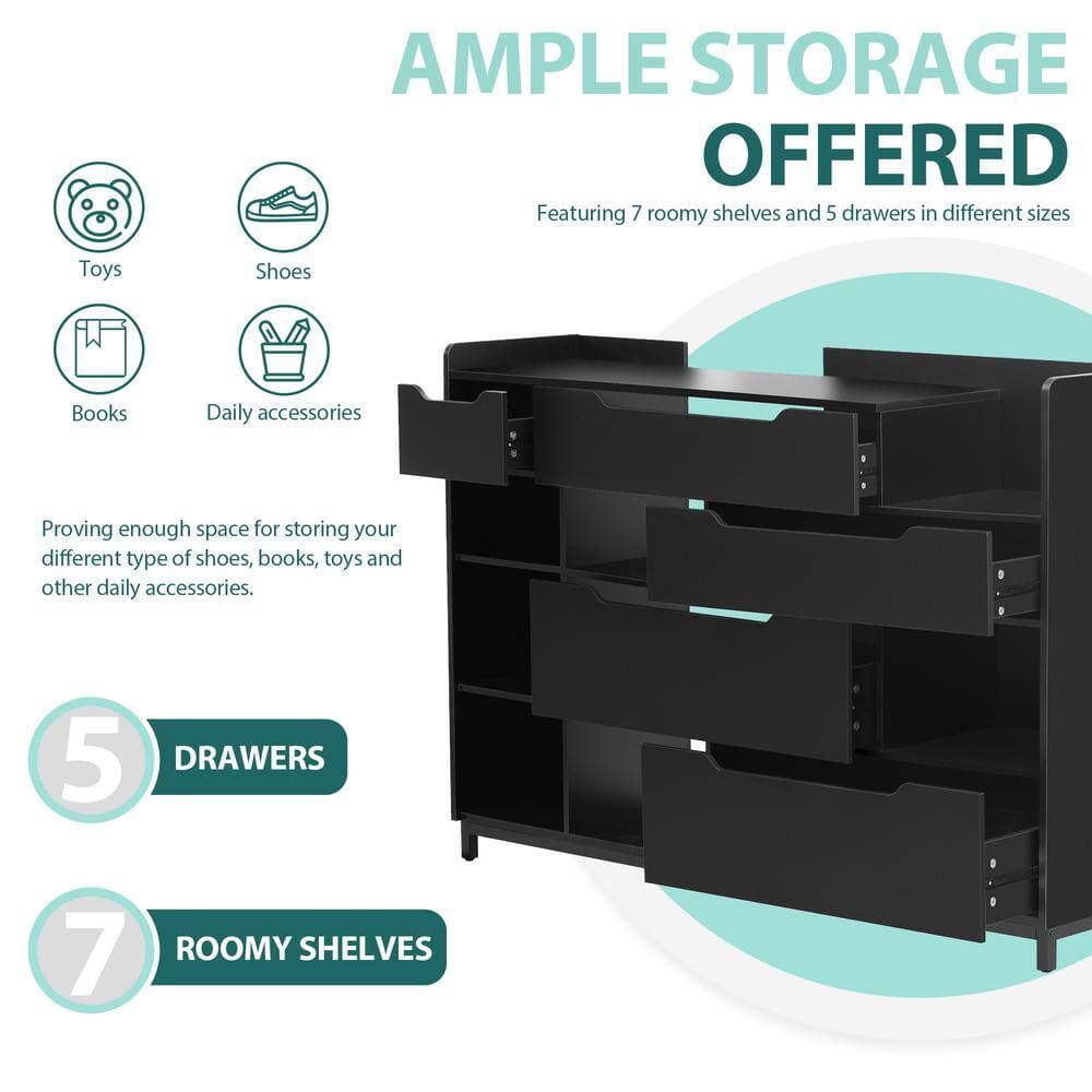 Unbranded 57.1 in. W x 13.1 in. D x 39.3 in. H Black 7-Shelf Shoe Cabinet Linen Cabinet with Drawers and Shelves (3)