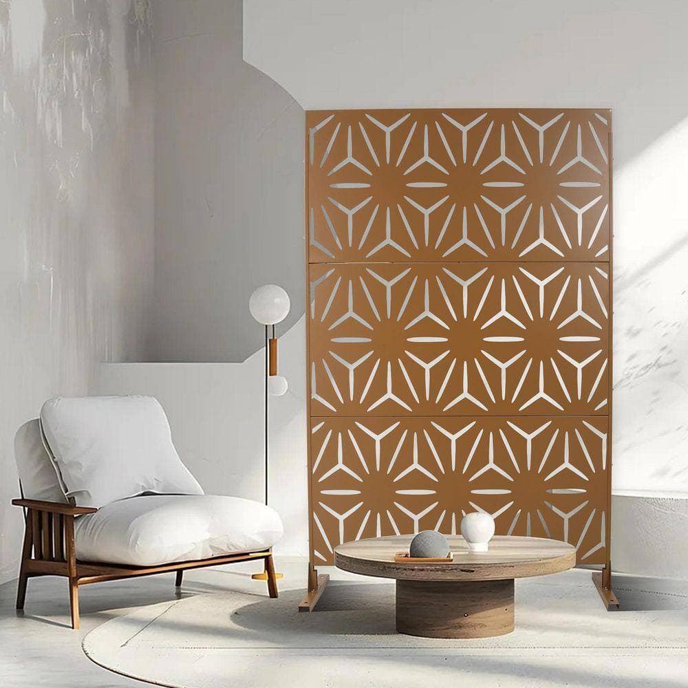 Coporesell 76 in. x 48 in. Freestanding Decorative Privacy Screen Brown Metal for Outside Lawn Garden (3)