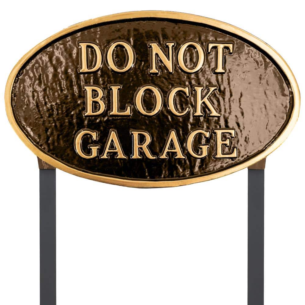 Montague Metal Products 10 in. x 18 in. Large Oval Do Not Block Garage Statement Plaque Sign with Lawn Stakes - Oil Rubbed/Gold