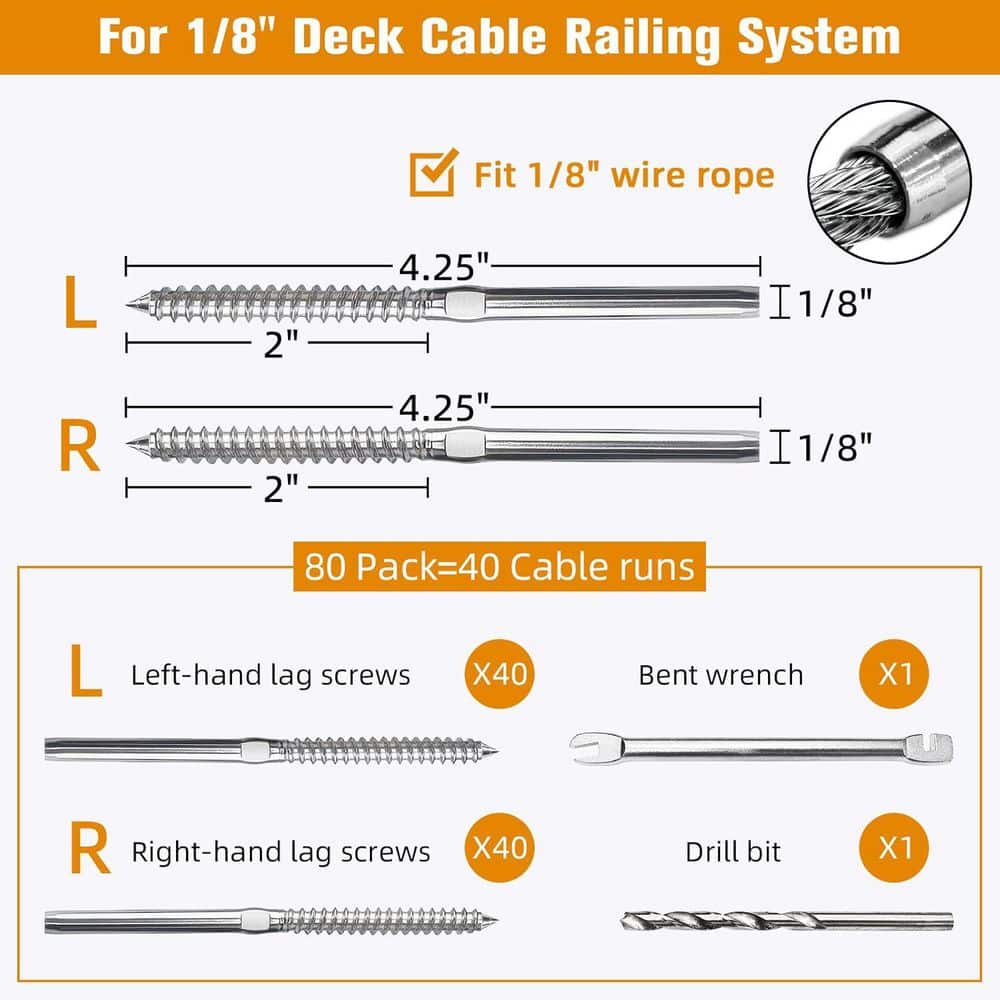 Afoxsos 80 Pack T316 Stainless Steel Swage Lag Screws for 1/8 Cable Railing Hardware Kit Left and Right Hand Thread (2)