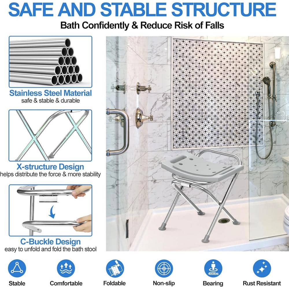 Adrinfly 17.3 in. Stainless Steel Folding Shower Chair Seat with Pad and Assist Grab Bar for Seniors Up to 400LBs in Gray (2)