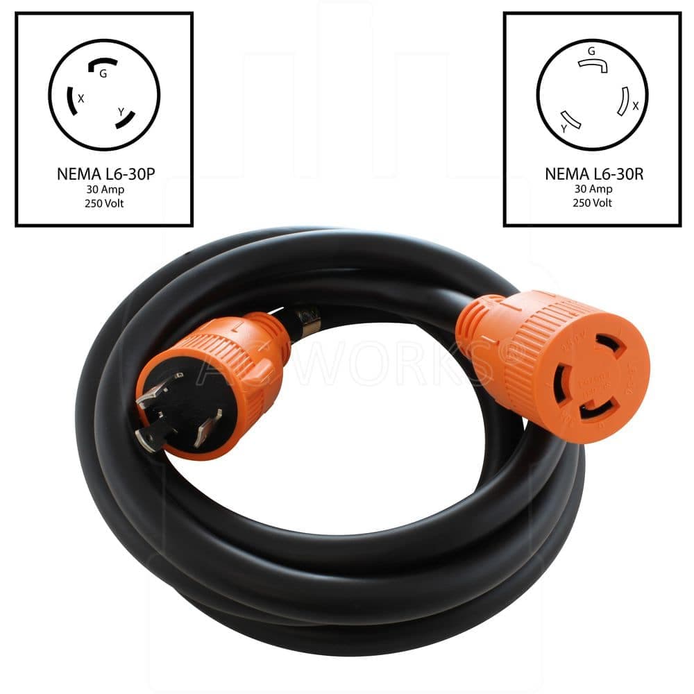 AC WORKS NEMA L6-30 30A 250-Volt 25 ft. 10 / 3 STW Indoor/Outdoor Extension Cord in Black (2)