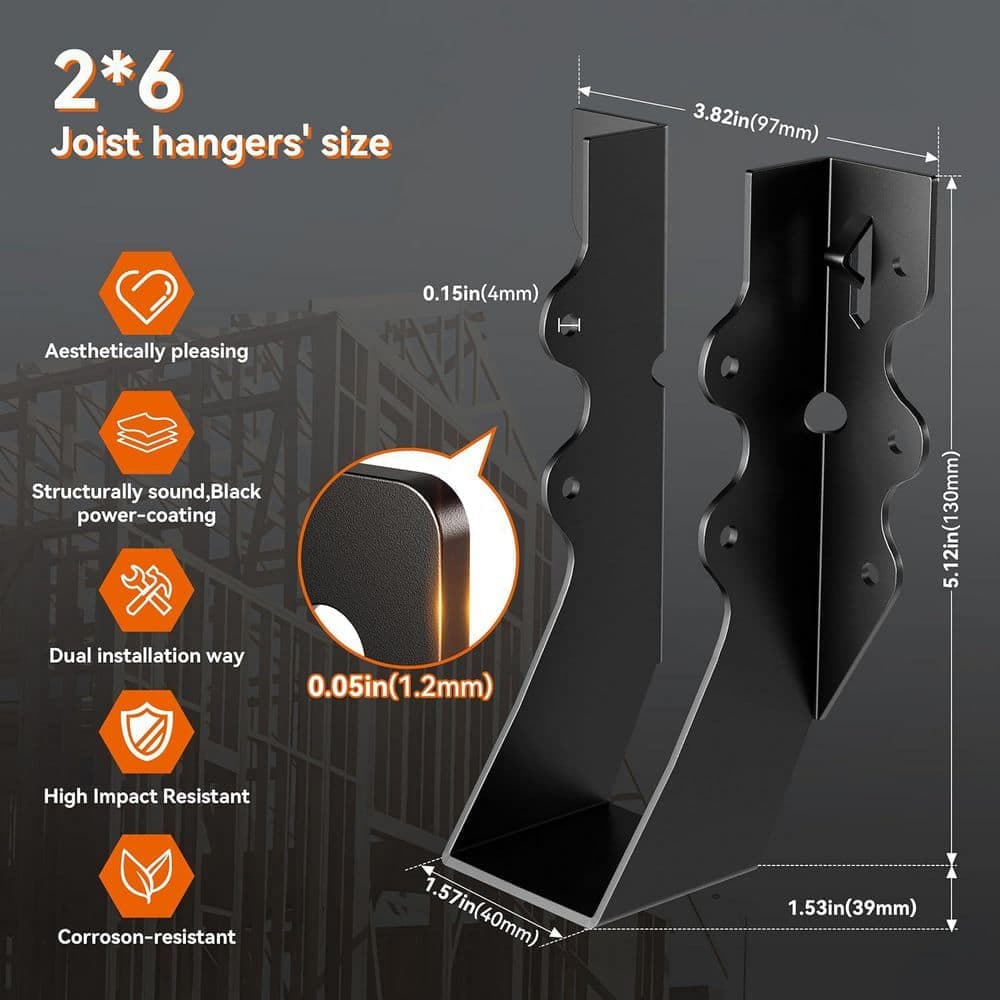 Afoxsos Steel Black 2 x 6 Joist Hangers Face Mount Hurricane Ties Brackets for Shed Barn Coop Porch Truss (25-Pack) (3)