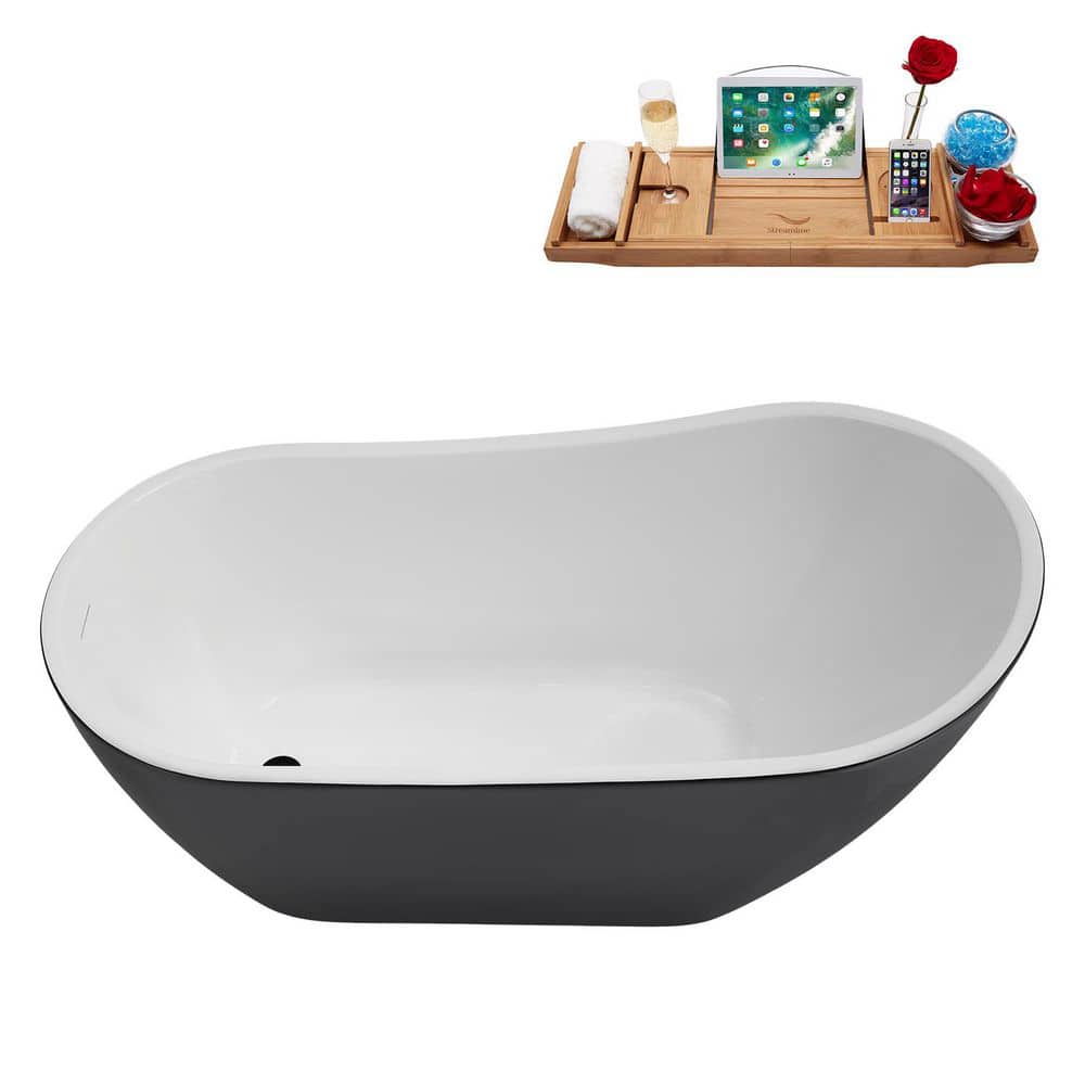 Streamline 55 in. x 28 in. Acrylic Freestanding Soaking Bathtub in Glossy Black with Matte Black Drain (3)