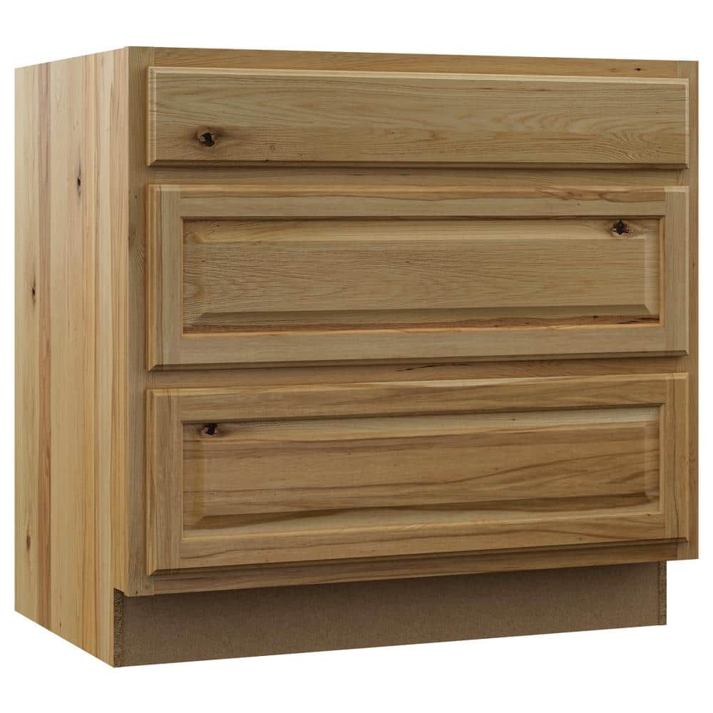 Hampton Bay Hampton 36 in. W x 24 in. D x 34.5 in. H Assembled 3 Drawer Base Kitchen Cabinet in Natural Hickory