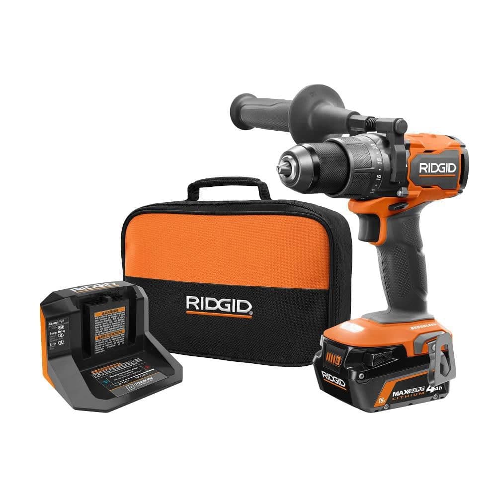 RIDGID 18V Brushless Cordless 1/2 in. Hammer Drill/Driver Kit with 4.0 Ah MAX Output Battery, 18V Charger, and Tool Bag (1)