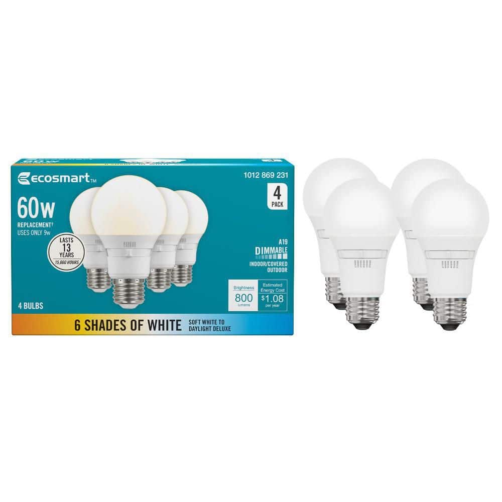 EcoSmart 60-Watt Equivalent A19 E26 Base Dimmable LED Light Bulb with Selectable Color Temperature (4-Pack)
