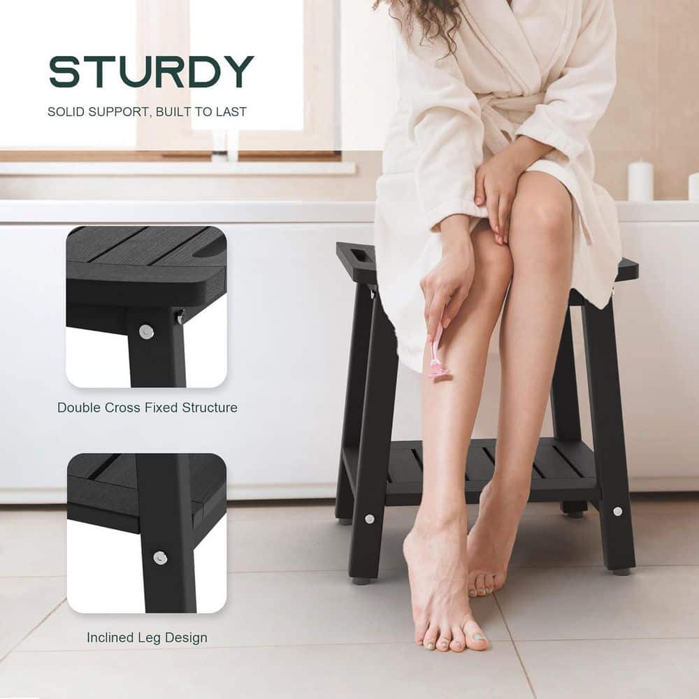 Anqtovp HDPE Series 16 in. W Freestanding Waterproof, Storage Shelf, Adjustable Feet Shower Bench Seat in Black (3)