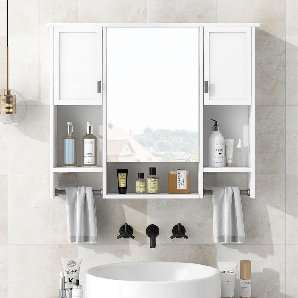 Tahanbath 6.70 in. W x 35.00 in. D x 28.70 in. H Bathroom Storage Wall Cabinet with Mirror Towels Bar in White (2)