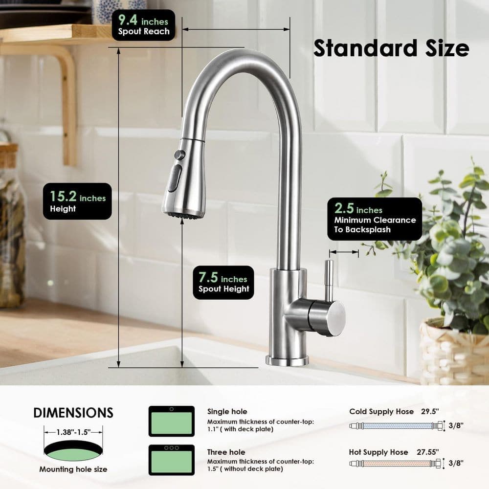 Wudkey 1-Piece High Arc Kitchen Faucet include Pull-Down Sprayer and 3-Mode Spray Head in Brushed Nickel (2)