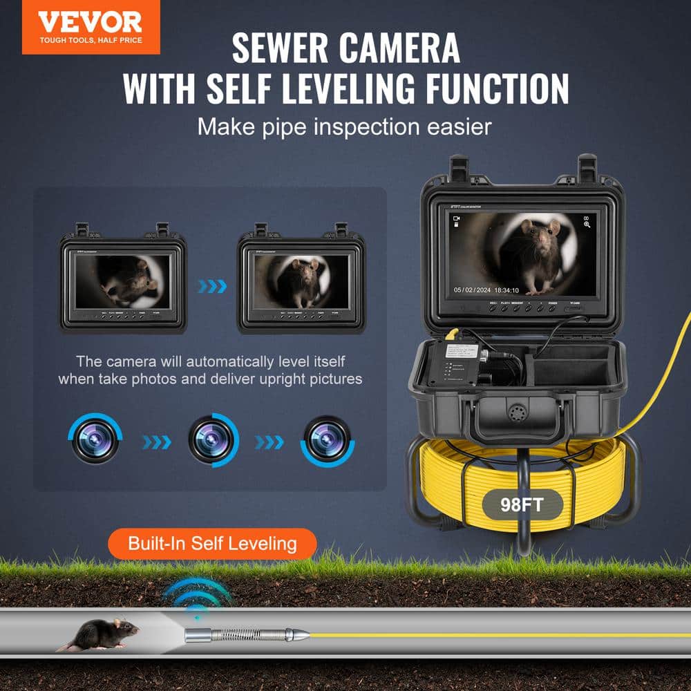 VEVOR Sewer Camera 98 ft. /30 m Self-Leveling Drain Inspection Camera with 9 in. 1080P HD Screen, 36 x Zoom Sewer Camera (2)