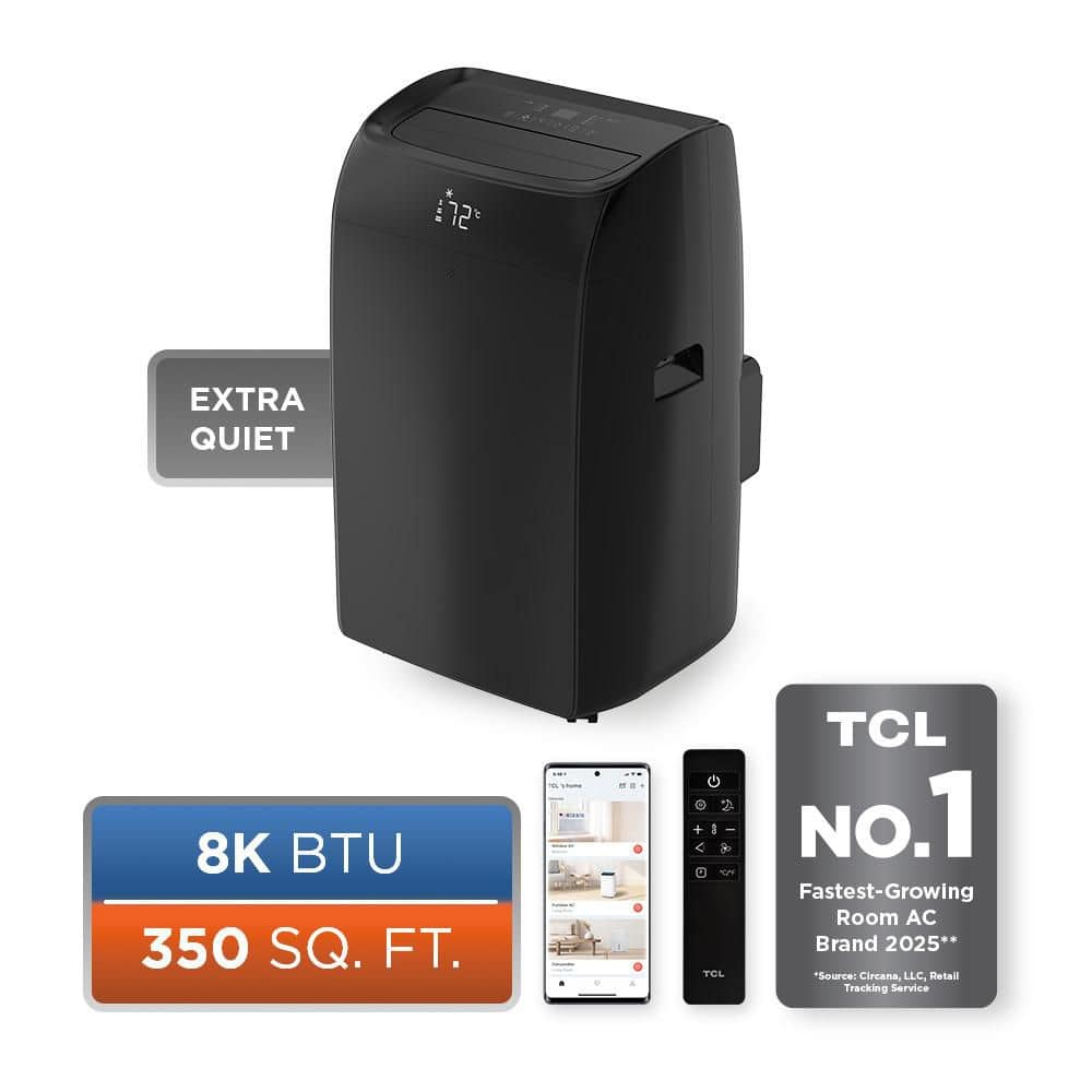 TCL 8,000 BTU (DOE) S-Series Extra-Quiet Smart Portable AC, 350 Sq. Ft, Wi-Fi, AC/Fan/Dehumidifier, Automatic Vents in Black