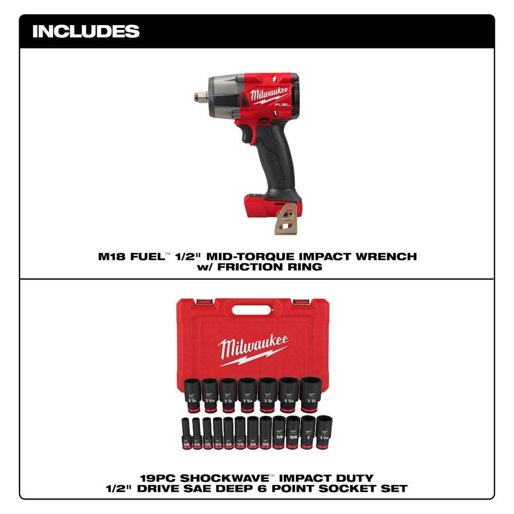 Milwaukee M18 FUEL Gen-2 18V Li-Ion Brushless Cordless Mid Torque 1/2 in. Impact Wrench w/Friction Ring & SAE Socket Set (19-Pc) (2)