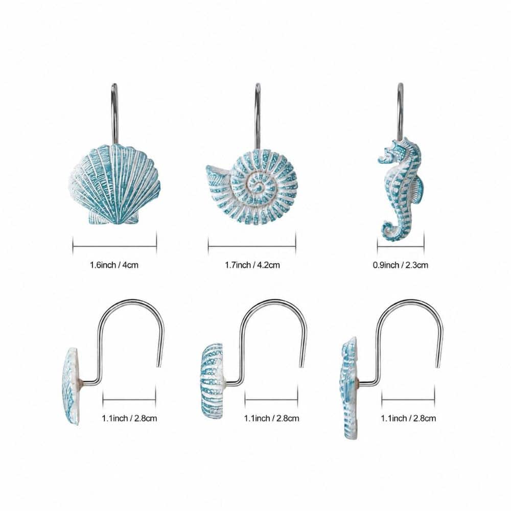 Unbranded Aqua Blue Ocean Creature Shower Curtain Hooks with Coastal Seashell Designs 12-Pack (3)