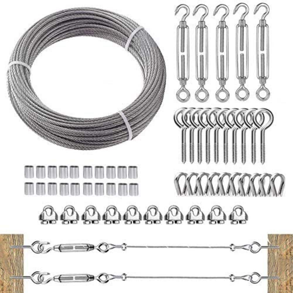 Angel Sar 100 ft. 1/8 in. Stainless Steel Wire Rope Kit, M6 Turnbuckle Wire Tensioner Kit for Cables Wire Strings Light Kit (1)