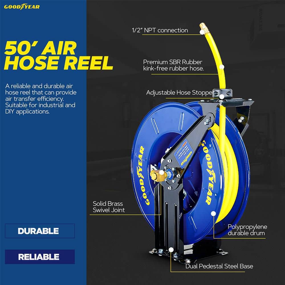 Goodyear 1/2 in. x 50 ft. Steel Dual Arm Pedestal Air Hose Reel SBR Rubber Hose (2)