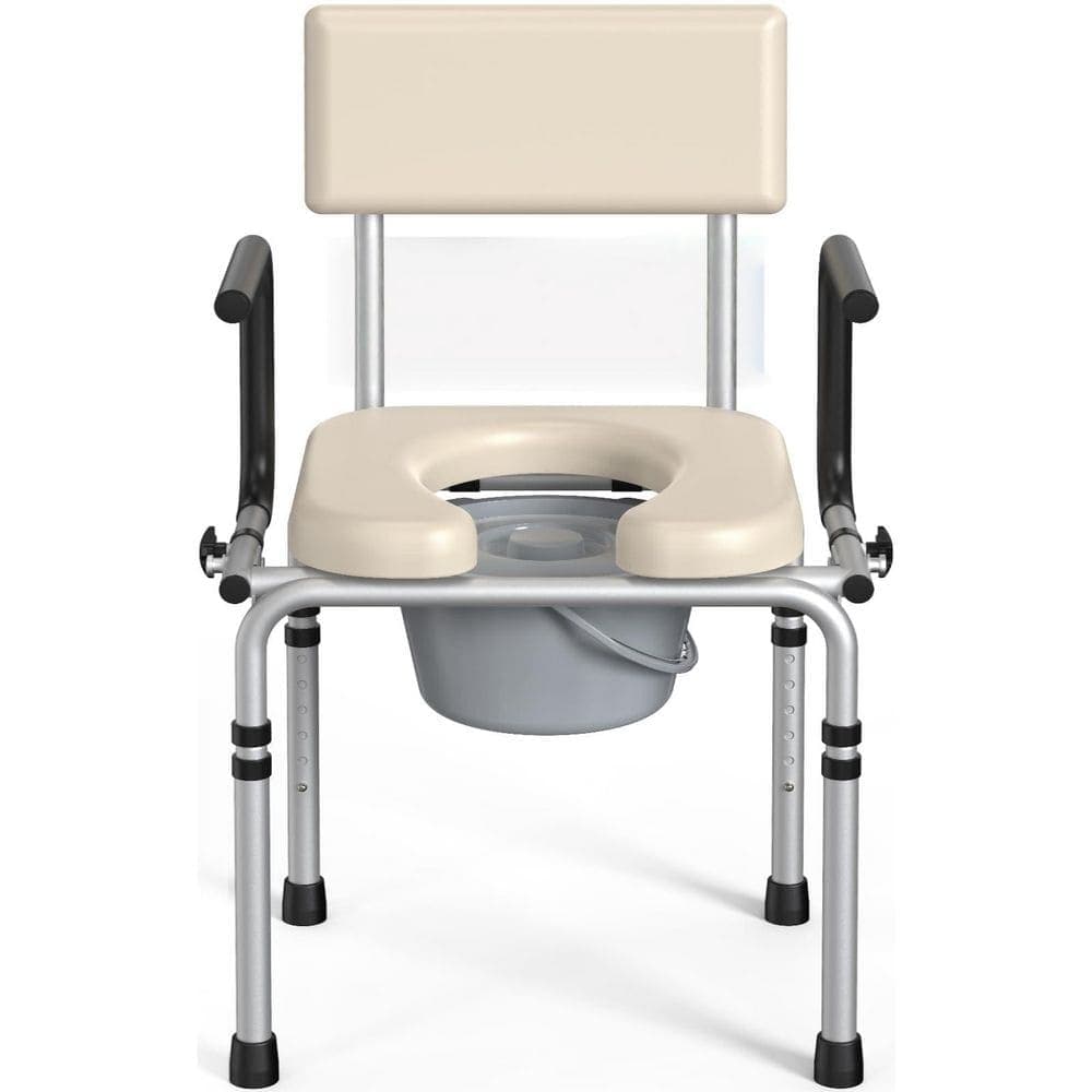 Numhew Adjustable Height 22.05 in. x 20.47 in. Drop Arm Bedside Commode in Beige w/ Padded Seat and Backrest 400 lbs. Capacity (1)