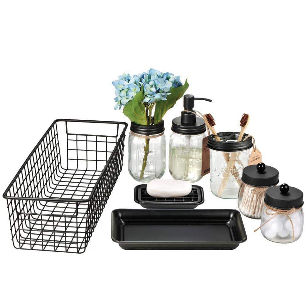 Dracelo 8-Piece Bathroom Accessory Set with Lotion Dispenser,Toothbrush Holder, Apothecary Jars, Soap Dish, Vanity Tray in Black (1)