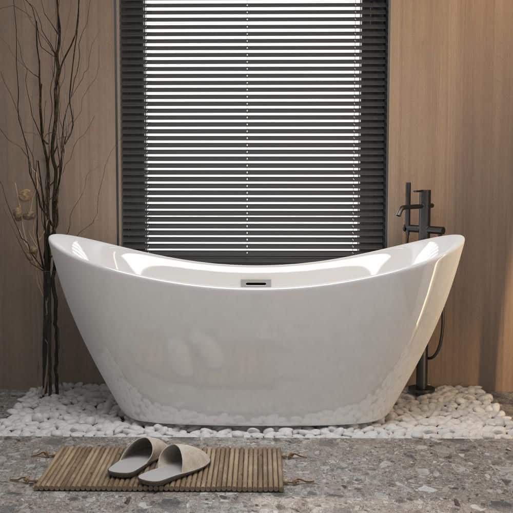 Vomlor 67 in. x 30 in. Acrylic Soaking Bathtub with Chrome Overflow and Pop Up Center Drain in White Freestanding Bathtub