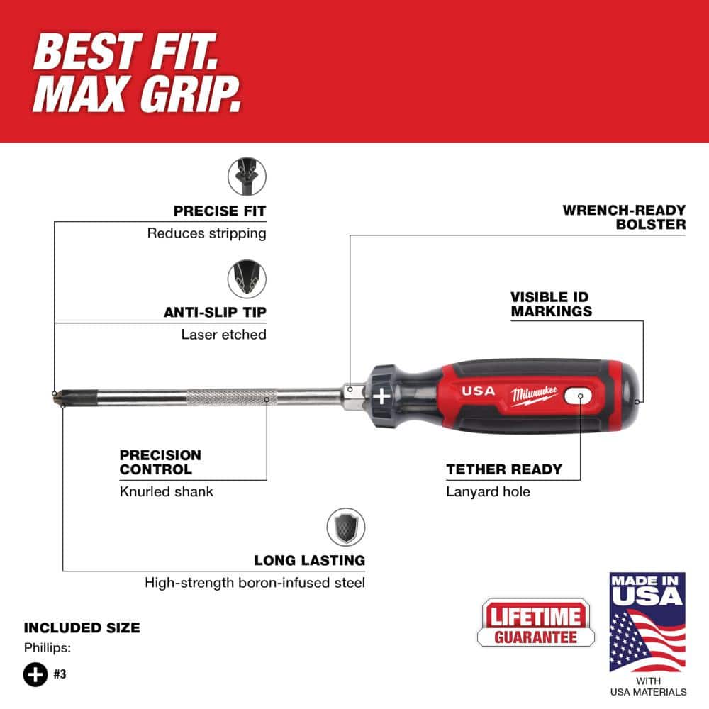 Milwaukee 6 in. #3 Phillips Screwdriver with Cushion Grip with 8 in. 3/16 in. Cabinet Screwdriver with Cushion Grip (3)