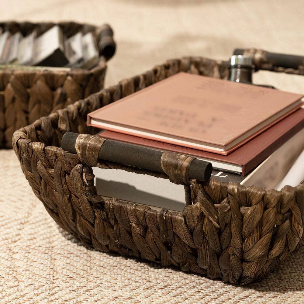 Wudkey 2-Pack Hand-Woven Storage Baskets with Wooden Handles, Wicker Storage Baskets for Shelf, Brown (2)